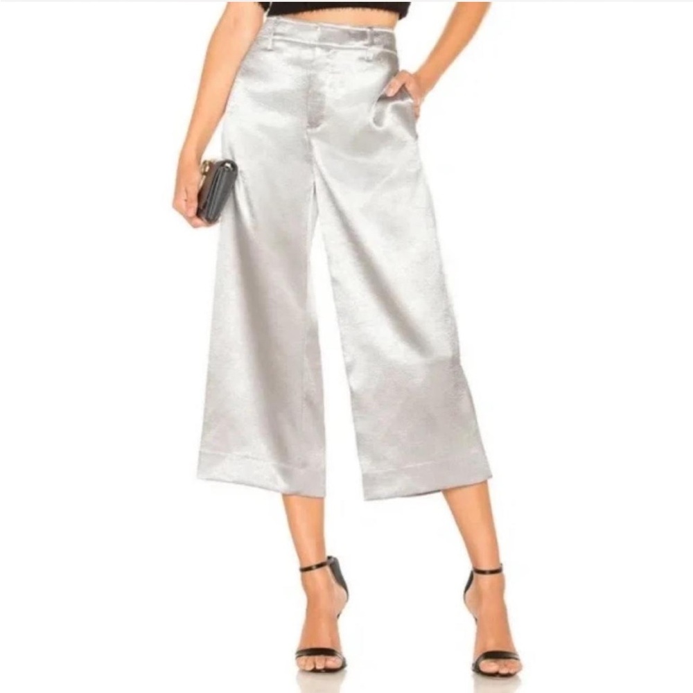 Vince metallic silver satin midi wide leg cropped pants